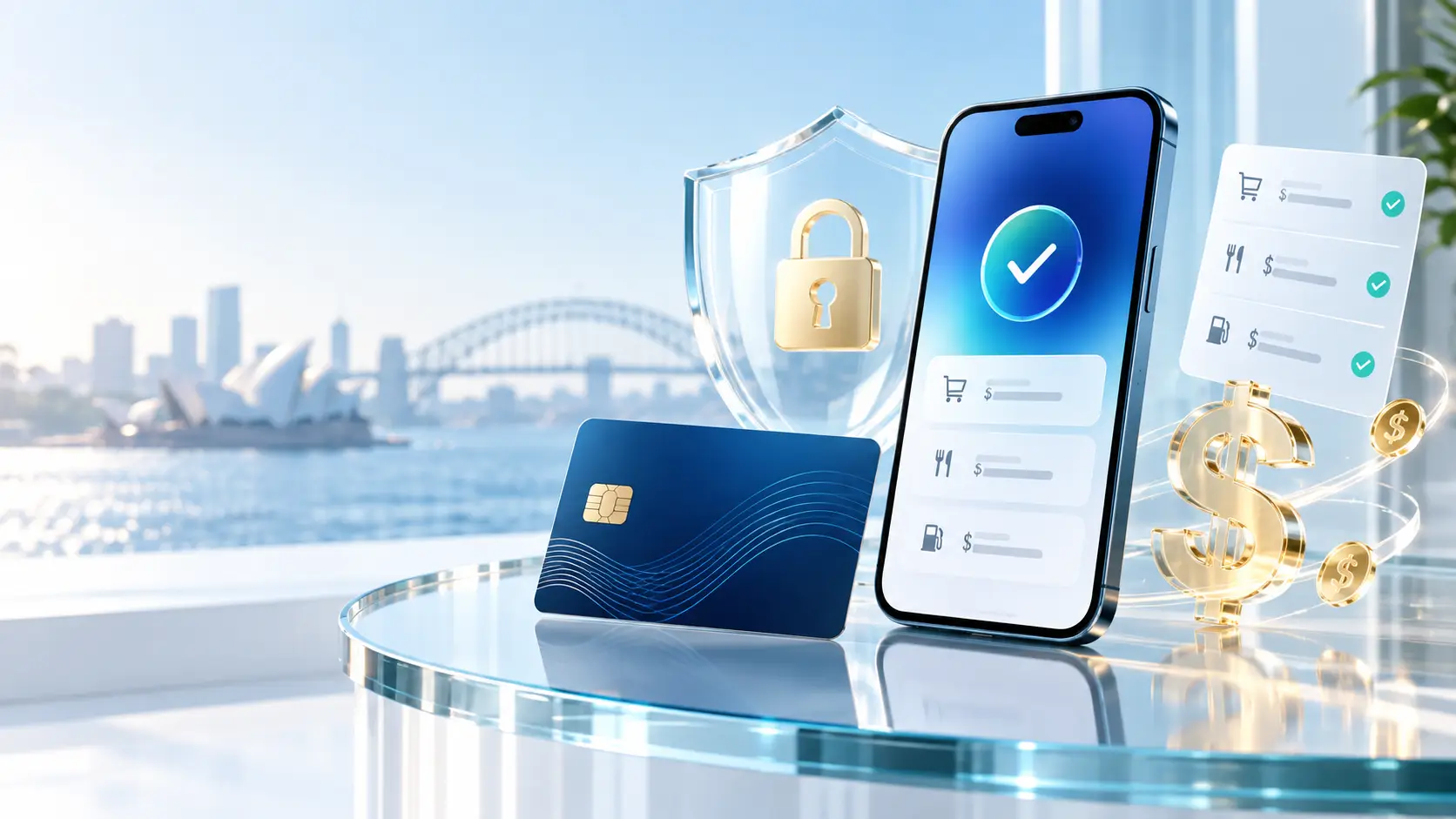 Smartphone, bank card and account safety shield with Australian payment context