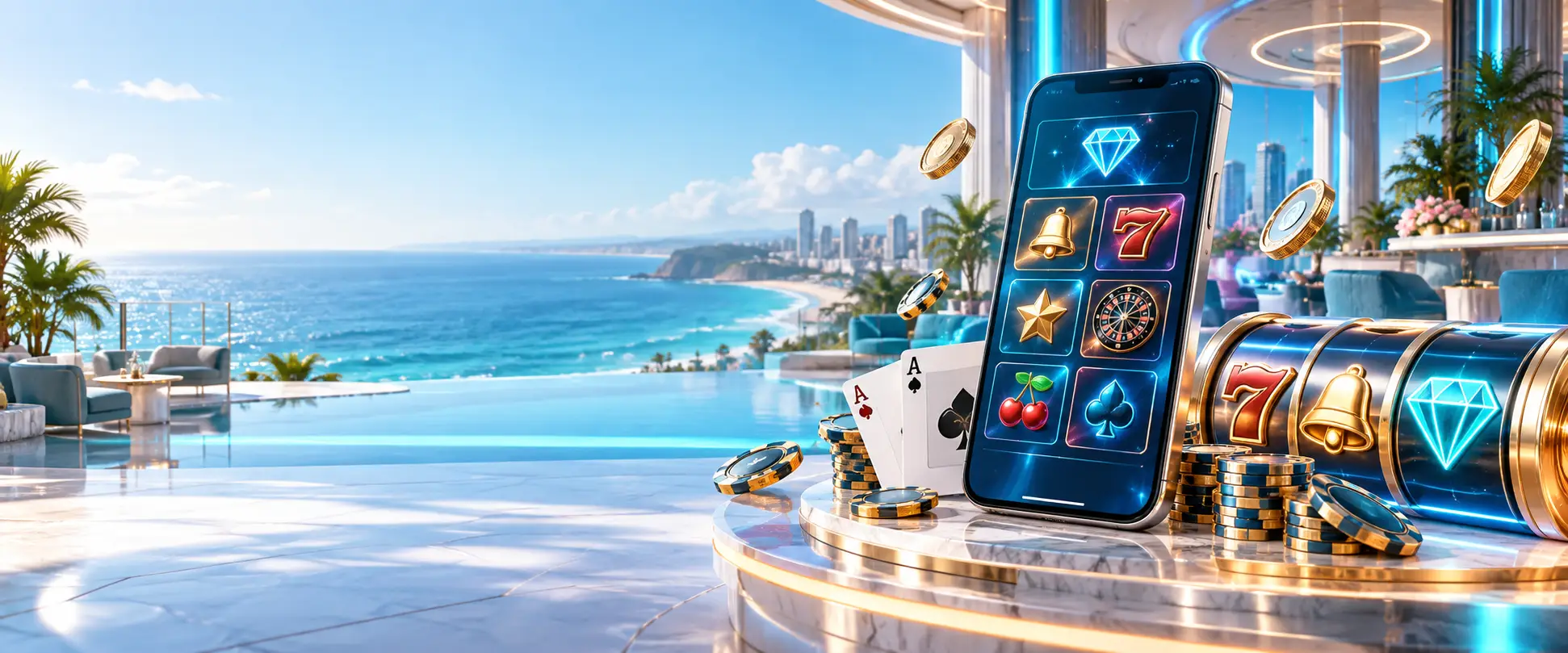 Bright casino game lobby on a smartphone overlooking the Australian coast